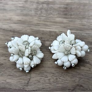 Vintage Floral flower White glass beaded clip on Earrings made in Germany